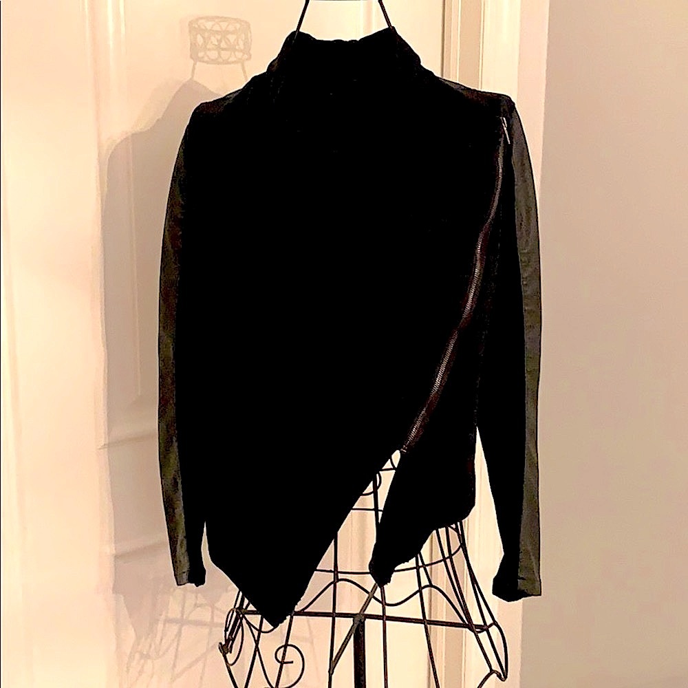 Asymmetric zip faux leather sweater